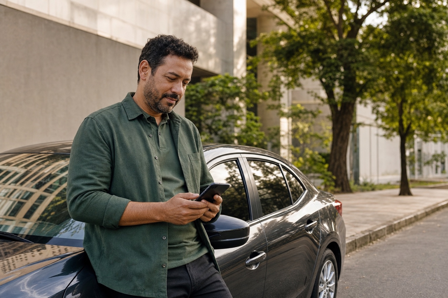 Motorista profissional consultando uma nova corrida no celular ao lado do carro